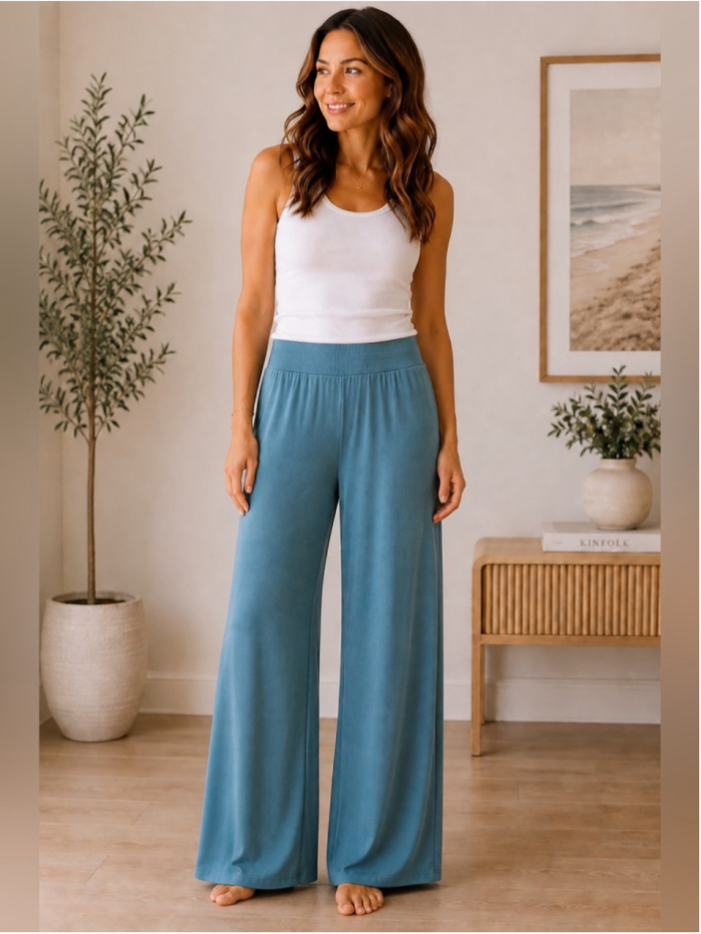 Summersalt Teal Wide-Leg V-Waist Knit Pants Size XL Travel Loungewear Casual